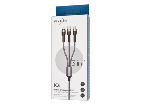 Кабель USB VIXION (K3) Lightning/micro/type-c (1.2м) (черный)