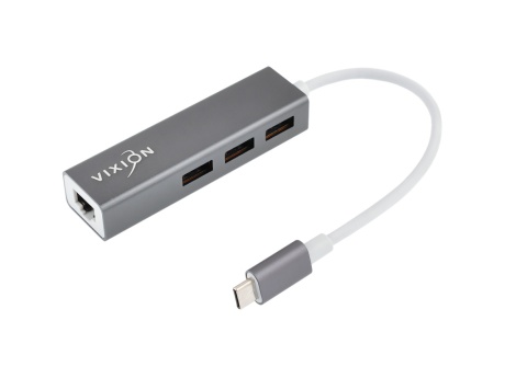 Адаптер VIXION (AD65) Type-C (M) - RJ45 (F) + 3хUSB 3.0, кабель 0.2м (серый)