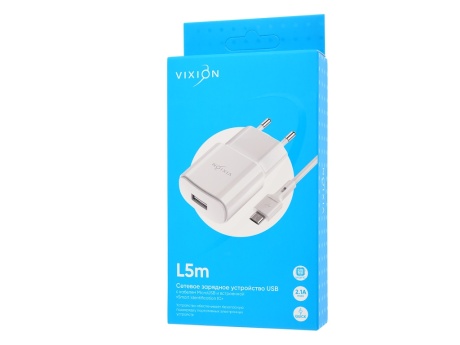 СЗУ VIXION L5m (1-USB/2.1A) + micro USB кабель 1м (белый)