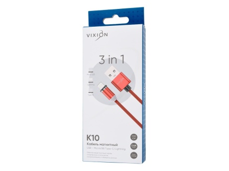 Кабель USB VIXION (K10) Lightning/micro/type-c (1м) магнитный (красный)