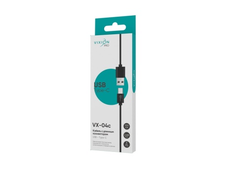 Кабель USB VIXION PRO (VX-04c) Type-C (1м) длинный коннектор (черный)