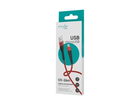 Кабель USB VIXION PRO (VX-26m) MicroUSB текстильный (1м) (красный)
