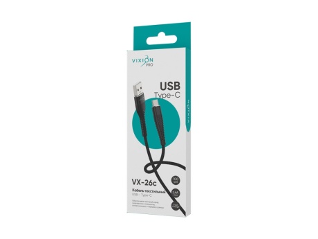 Кабель USB VIXION PRO (VX-26c) Type-C текстильный (1м) (черный)