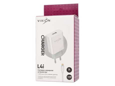 СЗУ VIXION L4i (1-USB/1A) + Lightning кабель 1м (белый)