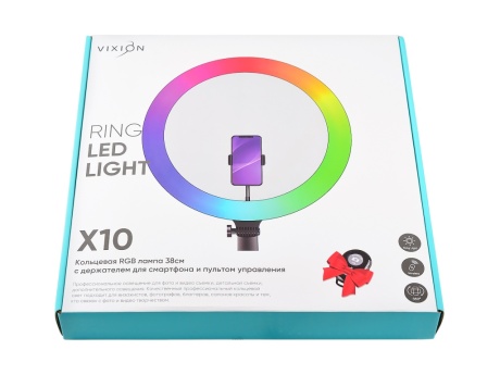 Кольцевая RGB лампа VIXION X10 с держателем для смартфона и пультом управления 38см (черный)
