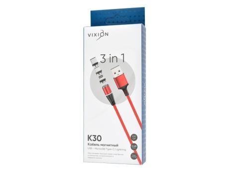 Кабель USB VIXION (K30) Lightning/micro/type-c (1м) магнитный (красный)