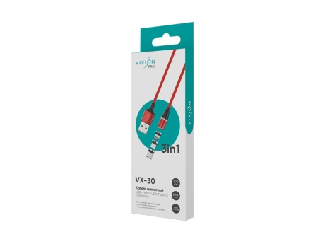 Кабель USB VIXION PRO (VX-30) Lightning/Micro/Type-C (1м) магнитный (красный)