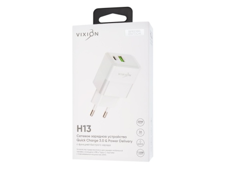 СЗУ VIXION Special Edition H13 (1-USB 3A/1-Type-C Power Delivery) 20W (белый)