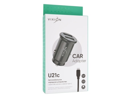 АЗУ VIXION U21c (2-USB/2.4A) + Type-C кабель кабель 1м короткий блок (черный)