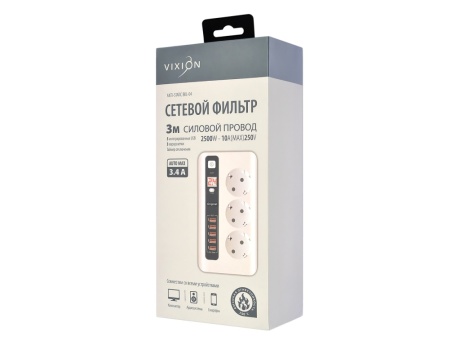 Сетевой фильтр VIXION BKL-04 10A 2500Bт 3 розетки + 5 USB 3м (белый)