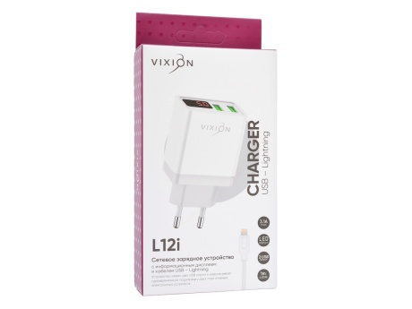 СЗУ VIXION L12i (2-USB/3.1A) + Lightning кабель (1м) с дисплеем (белый)