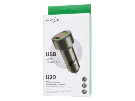 АЗУ VIXION U20 (2-USB/2.4A) длинный блок металл с LCD (черный)