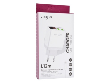 СЗУ VIXION L12m (2-USB/3.1A) + micro USB кабель (1м) с дисплеем (белый)