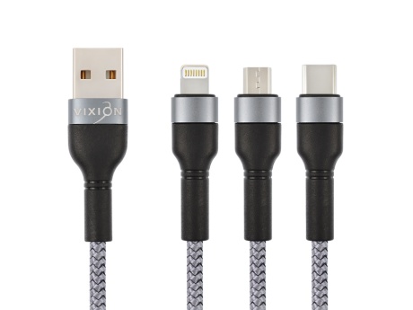 Кабель USB VIXION (K3) Lightning/micro/type-c (1.2м) (черный)
