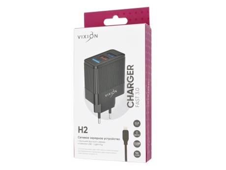 СЗУ VIXION H2i (1-USB QC 3.0/2-USB 2.4A) + Lightning кабель 1м (черный)