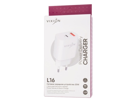 СЗУ VIXION L16 (1-USB 3A/1-Type-C Power Delivery) 20W (белый)