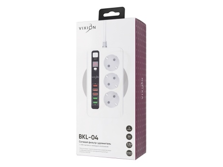 Сетевой фильтр VIXION BKL-04 10A 2500Bт 3 розетки + 5 USB 3м (белый)